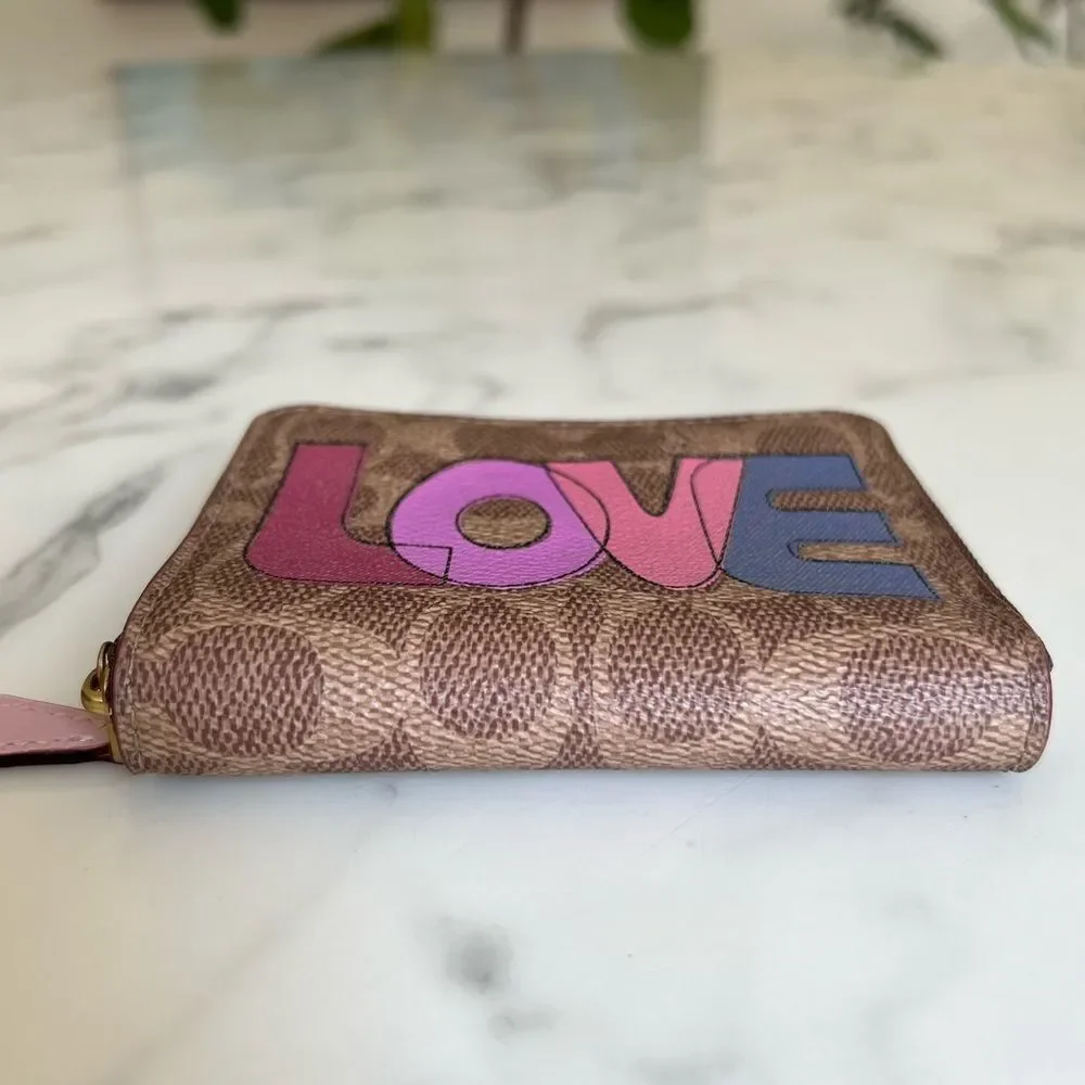COACH Small Zip Around Wallet In Signature Canvas With Love Print 89564 Khaki